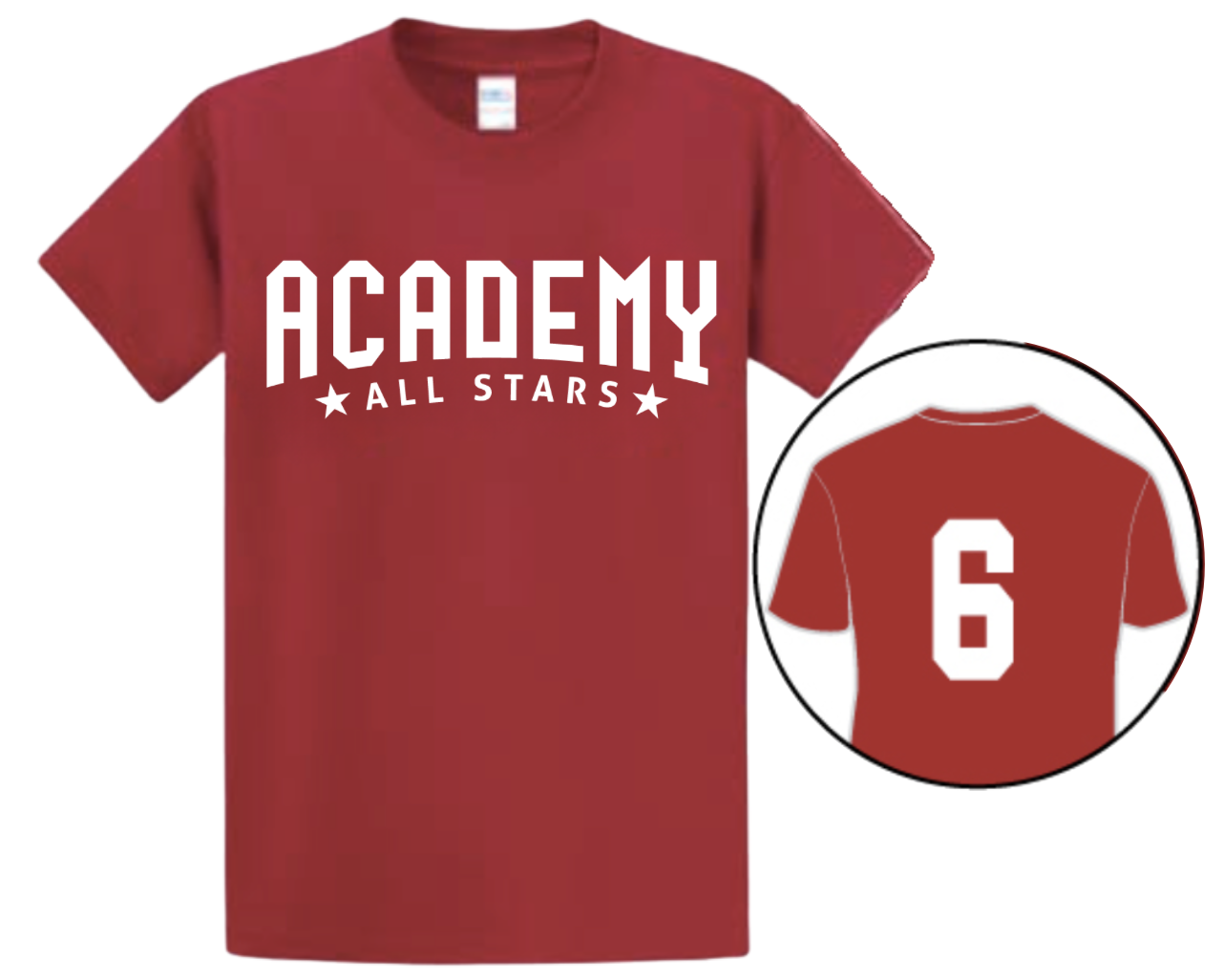 Red A4 Performance Tee with ACADEMY ALL STARS front and number on back