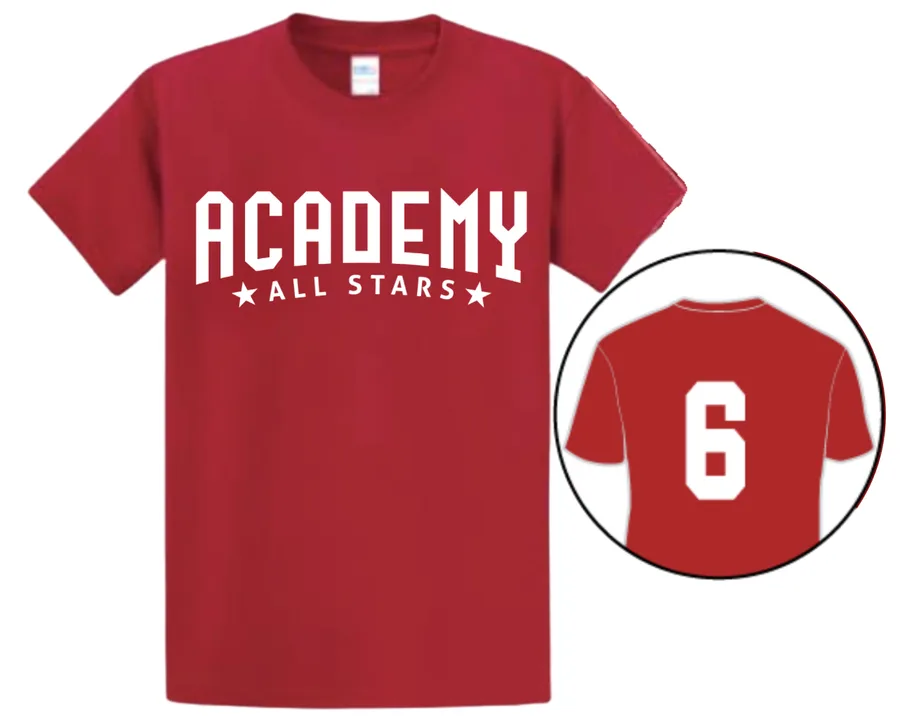 Red A4 Performance Tee with ACADEMY ALL STARS front and number on back