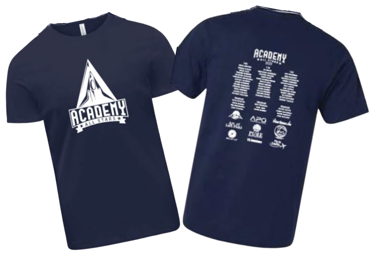 Navy spirit shirt with ACADEMY logo front and roster design on back