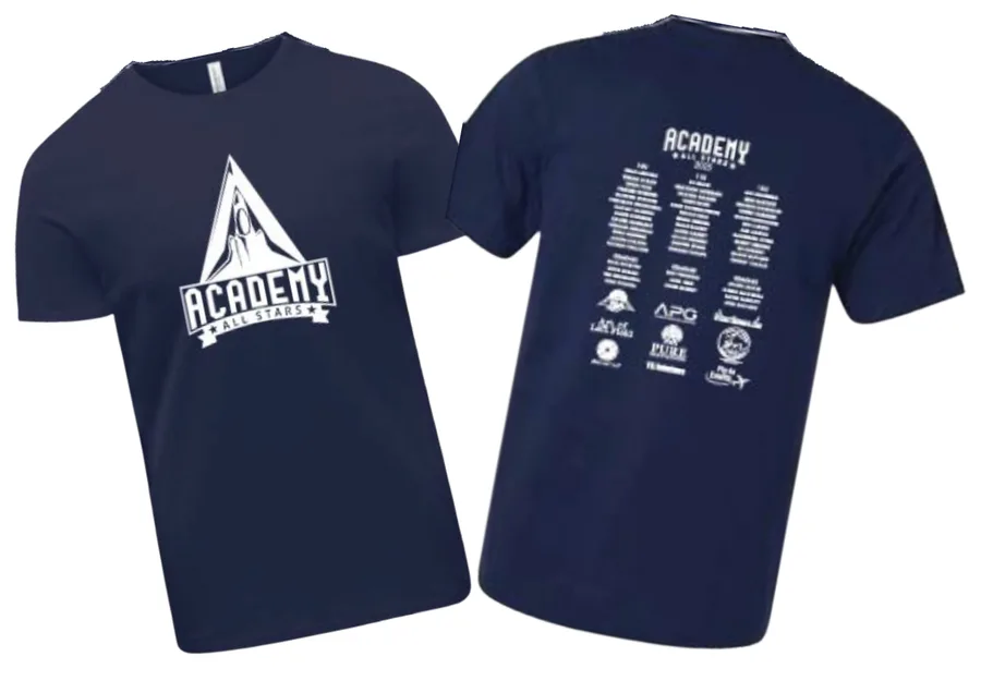 Navy spirit shirt with ACADEMY logo front and roster design on back